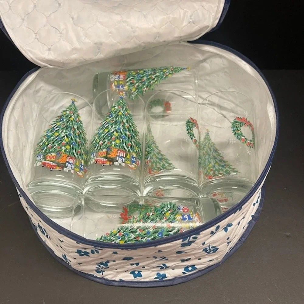 Set of 6 Christmas‎ Tree Highball Glasses Holiday Drinkware with Storage Case
